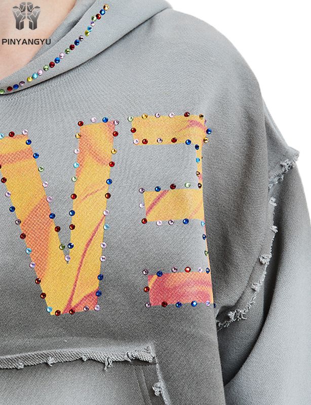 Aangepaste vintage geborduurde strass streetwear zeefdruk zure wassing oversized 100% katoen milieuvriendelijke hoge kwaliteit