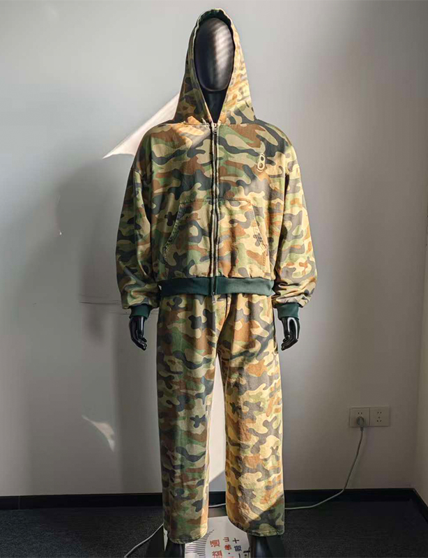 Aangepaste boxy vintage ritsjassen, streetwear cropped, zwaargewicht, oversized fabrikanten, volledig bedrukte camouflage-hoodie met rits