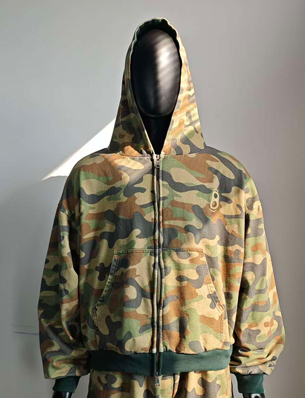 Aangepaste boxy vintage ritsjassen, streetwear cropped, zwaargewicht, oversized fabrikanten, volledig bedrukte camouflage-hoodie met rits