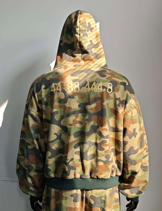 Aangepaste boxy vintage ritsjassen, streetwear cropped, zwaargewicht, oversized fabrikanten, volledig bedrukte camouflage-hoodie met rits