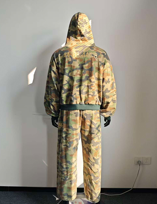 Aangepaste boxy vintage ritsjassen, streetwear cropped, zwaargewicht, oversized fabrikanten, volledig bedrukte camouflage-hoodie met rits
